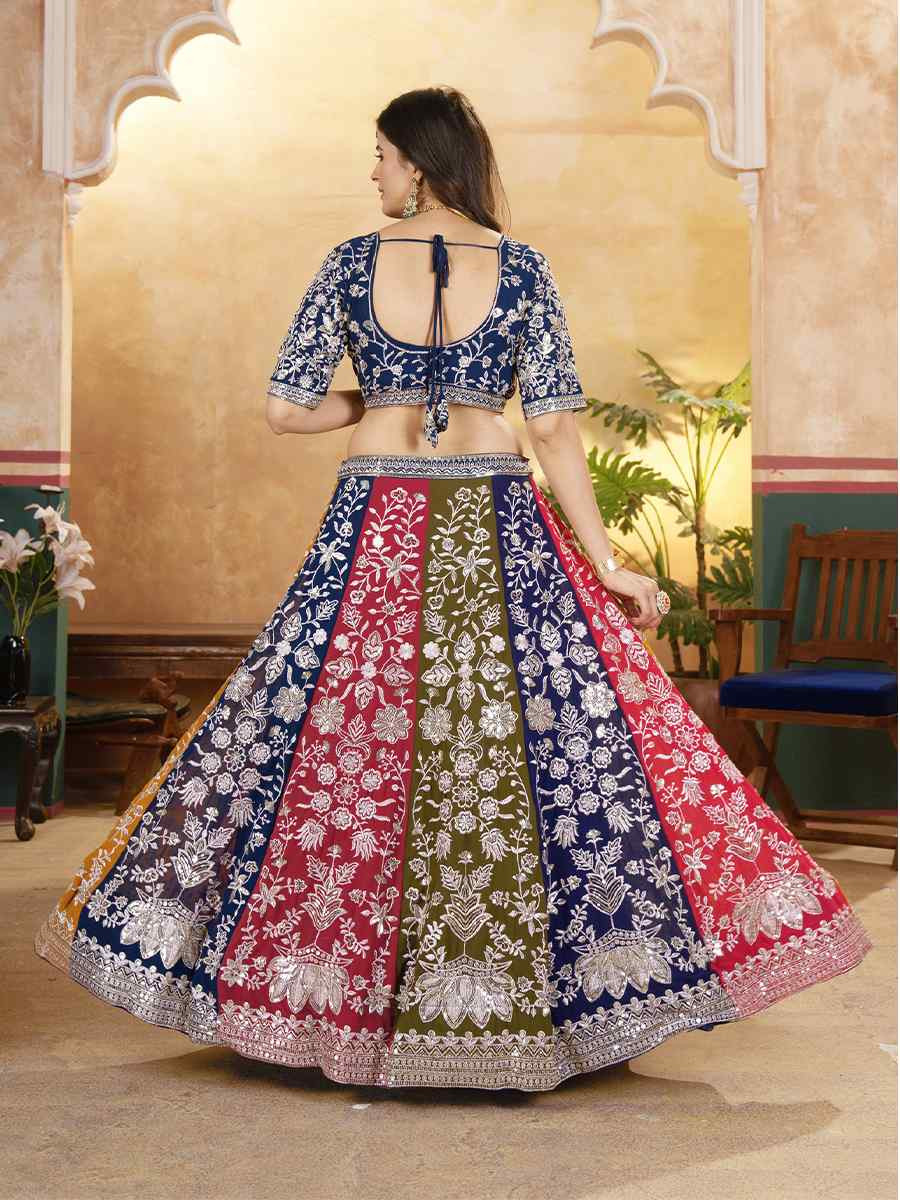 Multicolor Faux Georgette Embroidered Wedding Festival Heavy Border Lehenga Choli
