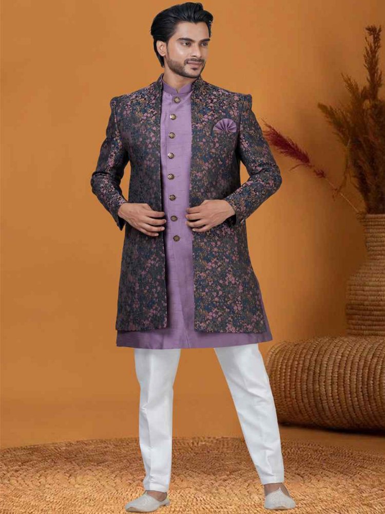 Multicolor Jacquard Silk Woven Groom Wedding Sherwani