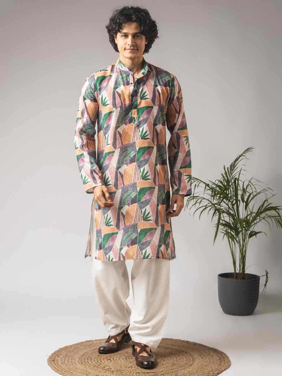 Multicolor Linen Printed Festival Wedding Party Mens Kurta