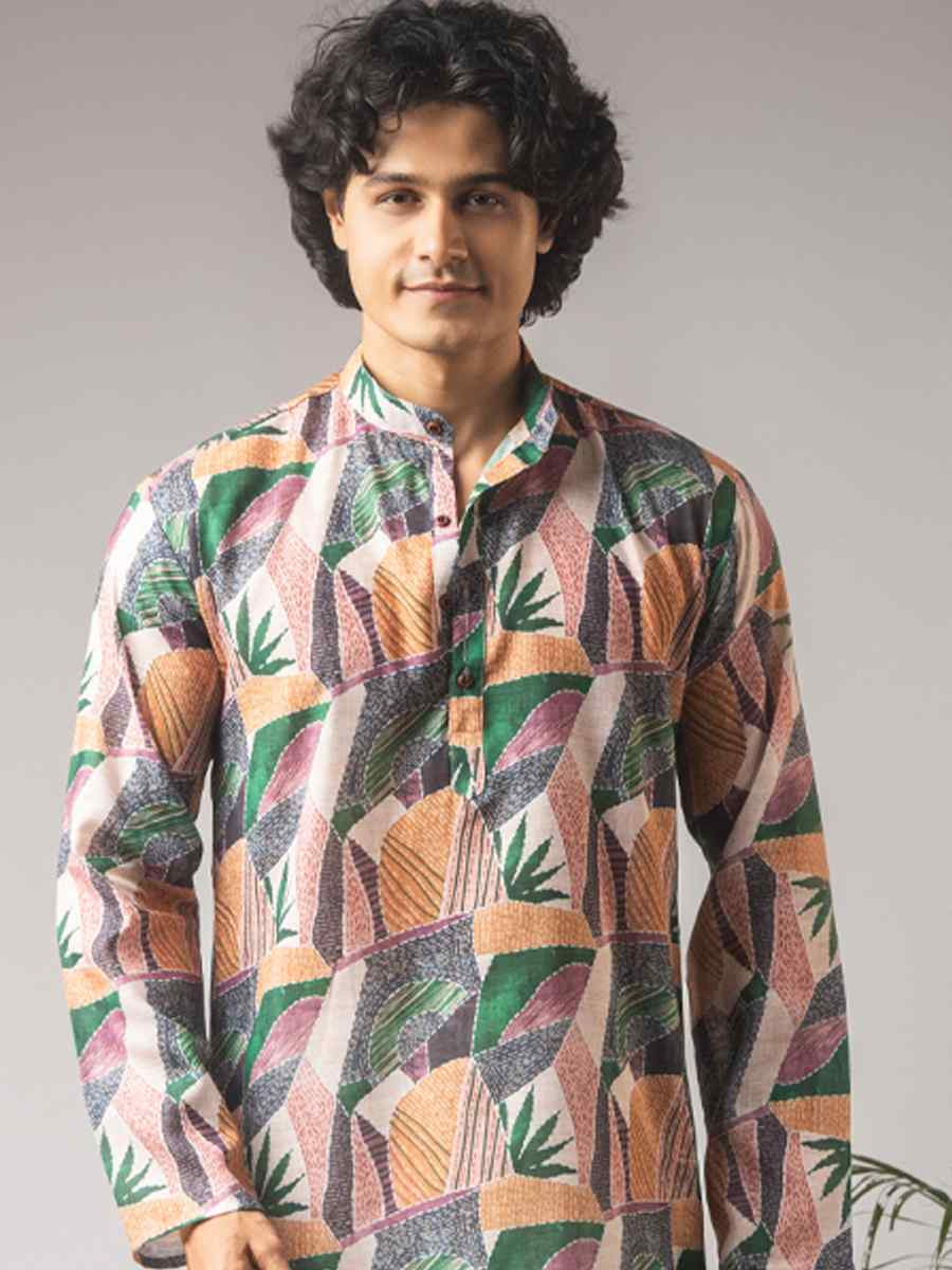 Multicolor Linen Printed Festival Wedding Party Mens Kurta
