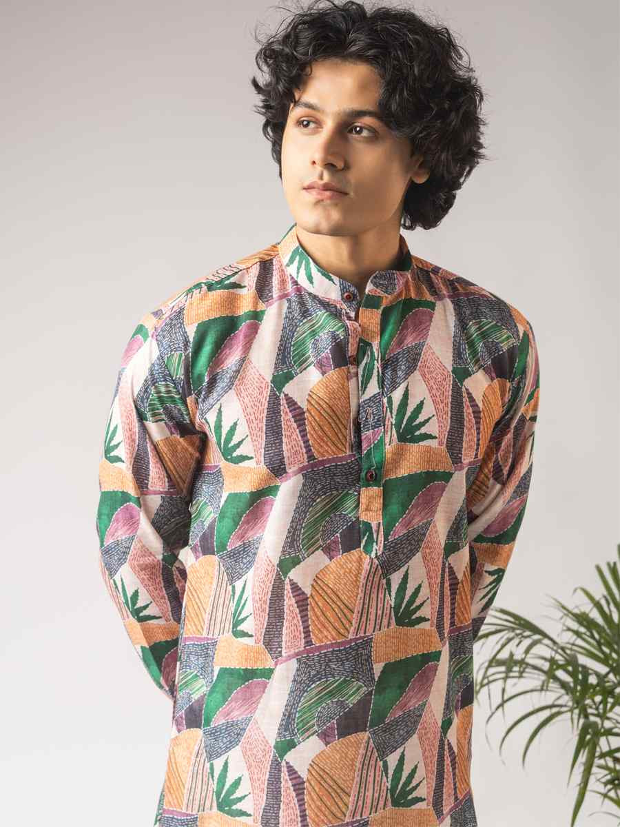 Multicolor Linen Printed Festival Wedding Party Mens Kurta
