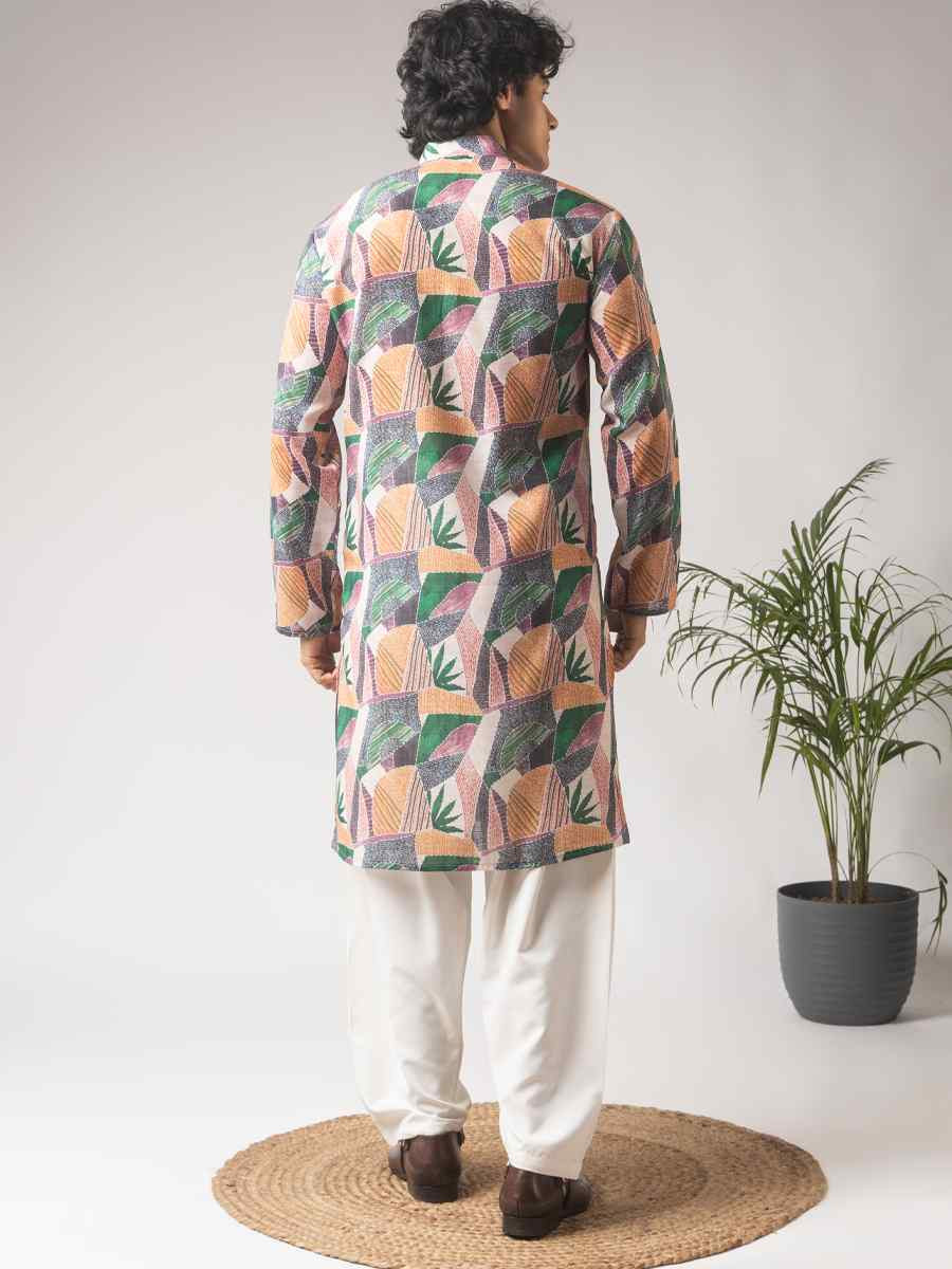 Multicolor Linen Printed Festival Wedding Party Mens Kurta