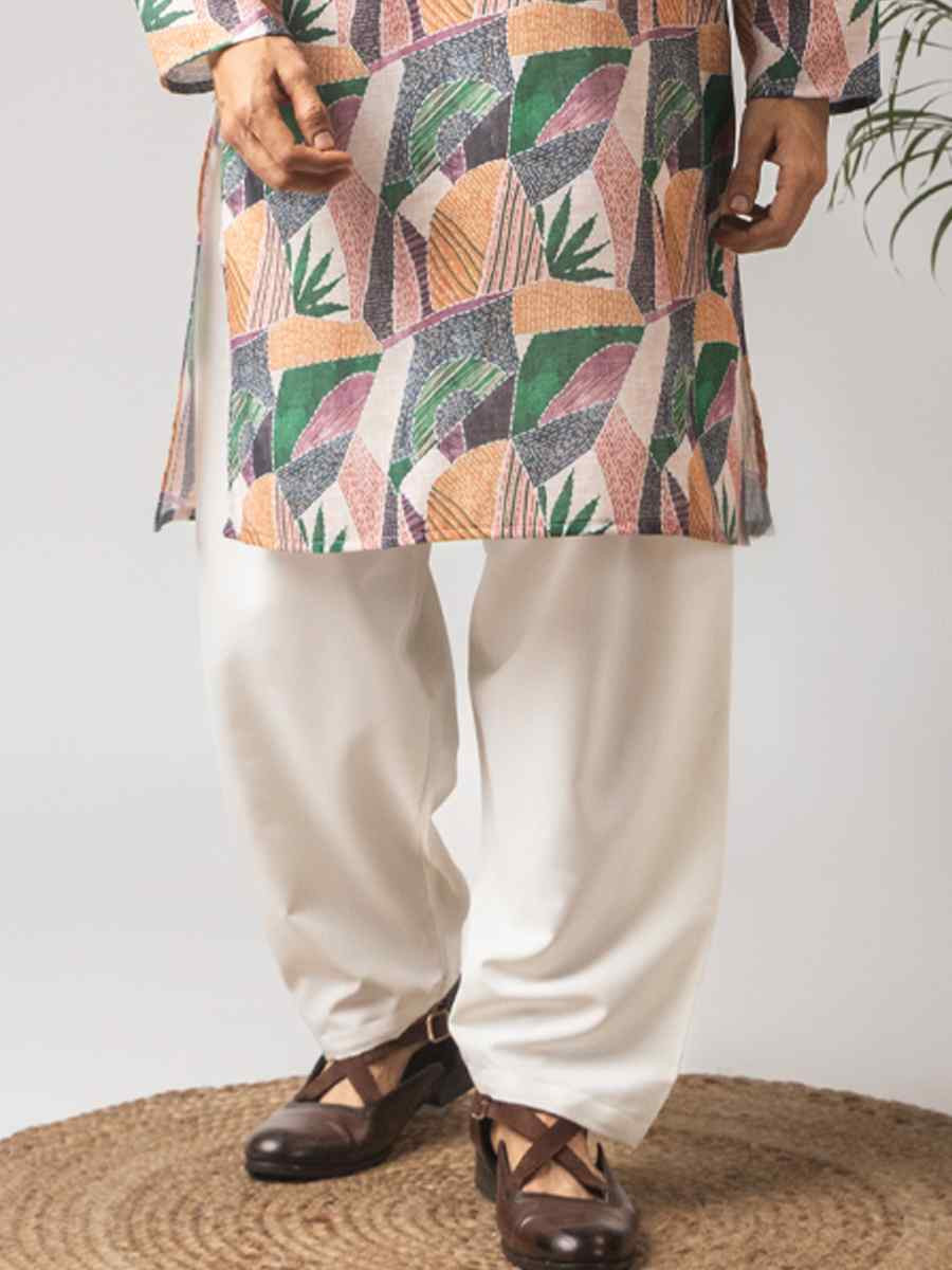 Multicolor Linen Printed Festival Wedding Party Mens Kurta
