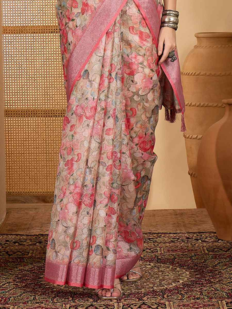 Multicolor Linen Silver Zari Printed Casual Reception Festival Wedding Fancy Classic Style Sarees