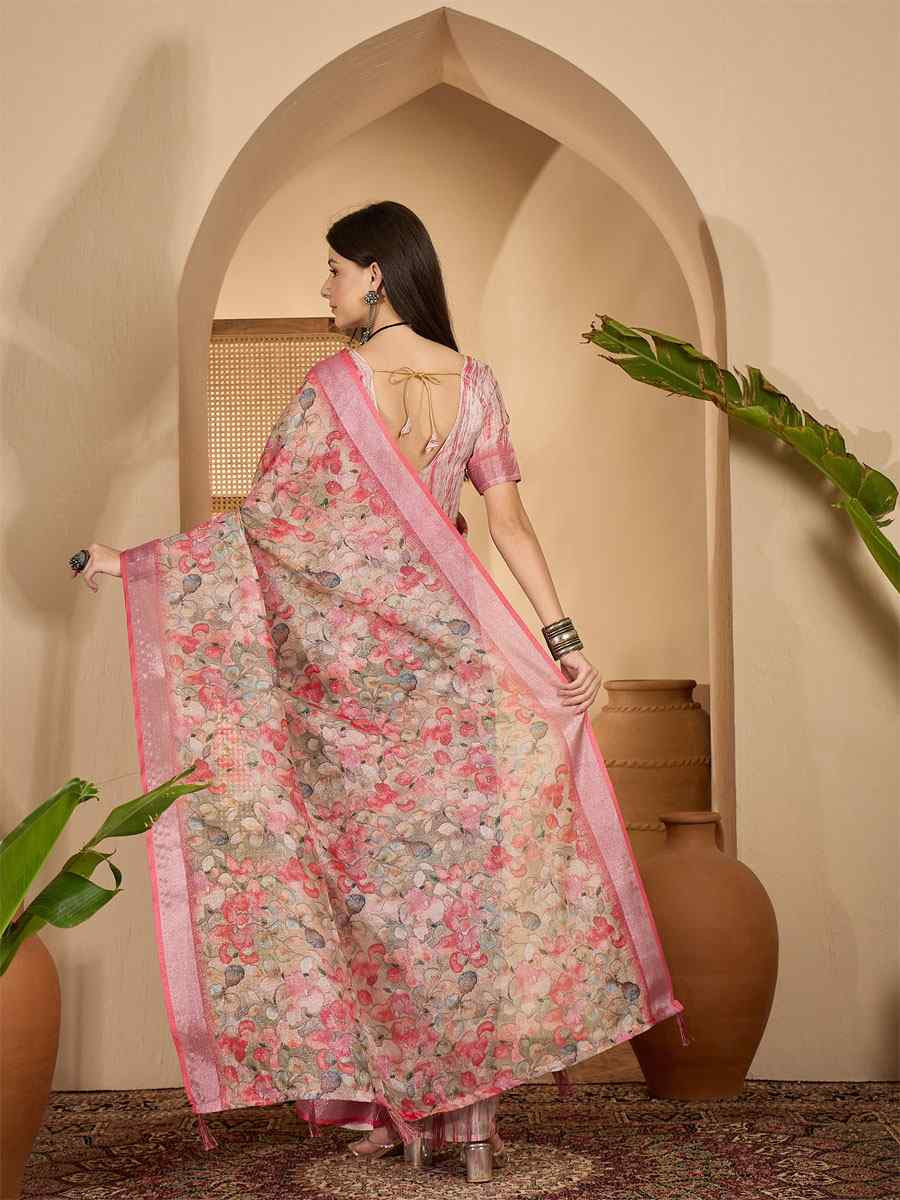 Multicolor Linen Silver Zari Printed Casual Reception Festival Wedding Fancy Classic Style Sarees