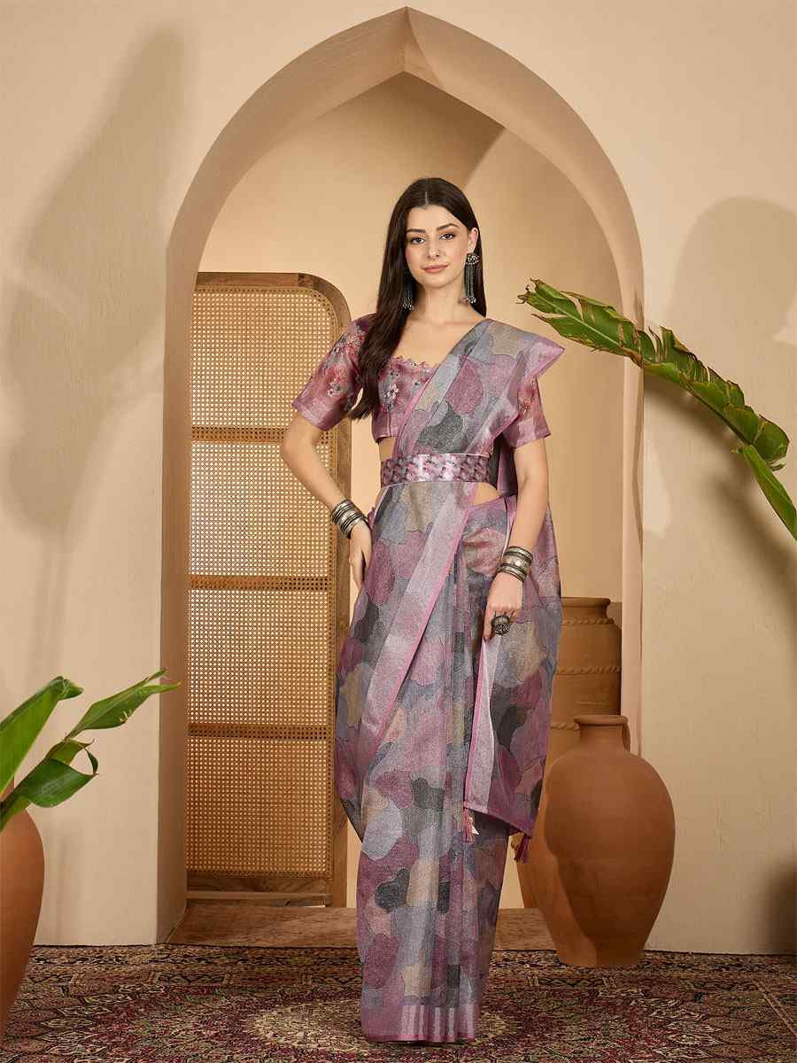 Multicolor Linen Silver Zari Printed Casual Reception Festival Wedding Fancy Classic Style Sarees