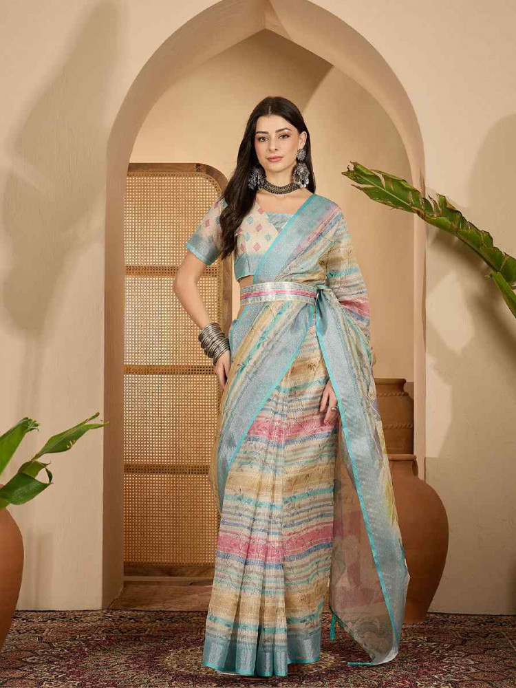 Image of Multicolor Linen Silver Zari Printed Casual Reception Festival Wedding Fancy Classic Style Sarees