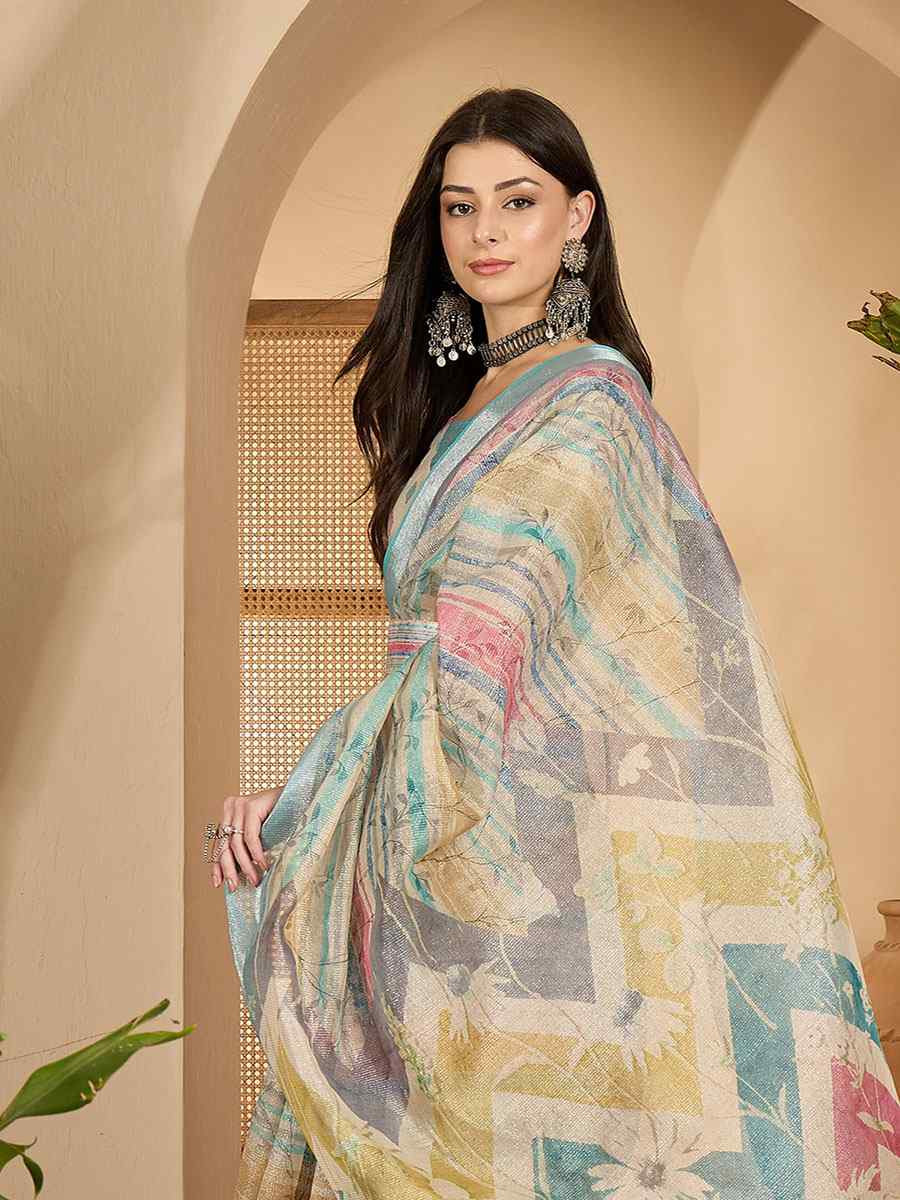 Multicolor Linen Silver Zari Printed Casual Reception Festival Wedding Fancy Classic Style Sarees