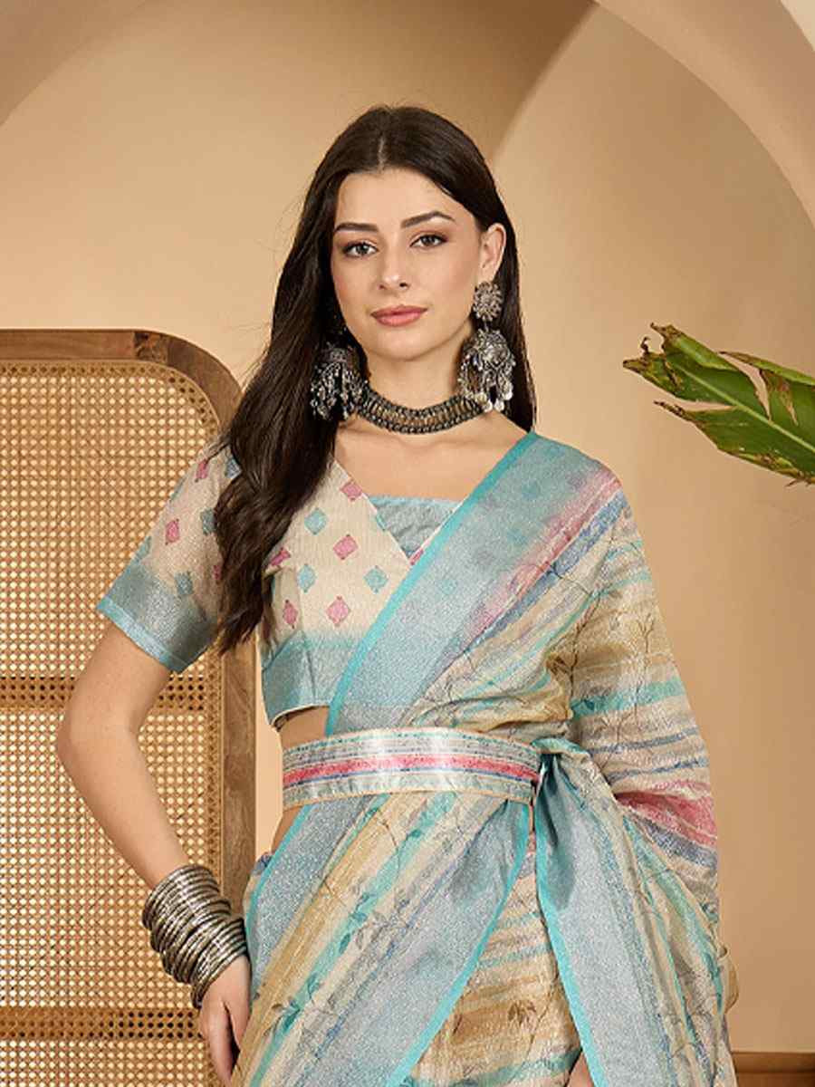 Multicolor Linen Silver Zari Printed Casual Reception Festival Wedding Fancy Classic Style Sarees