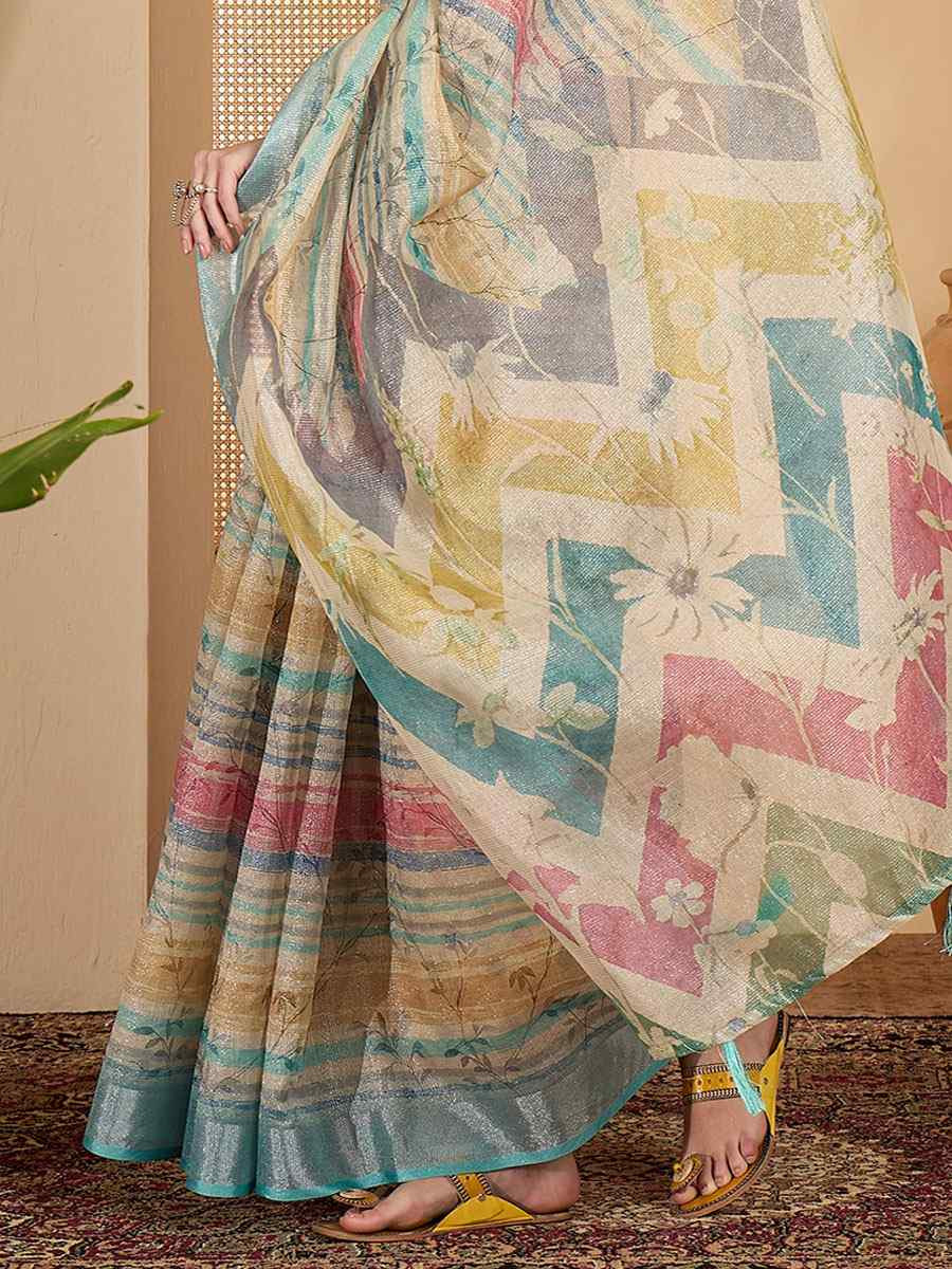 Multicolor Linen Silver Zari Printed Casual Reception Festival Wedding Fancy Classic Style Sarees