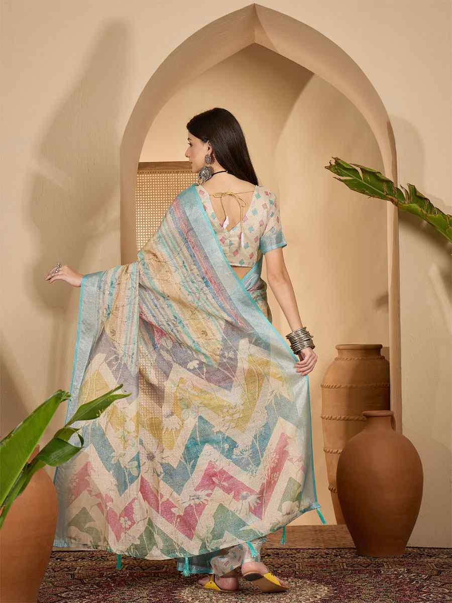 Multicolor Linen Silver Zari Printed Casual Reception Festival Wedding Fancy Classic Style Sarees