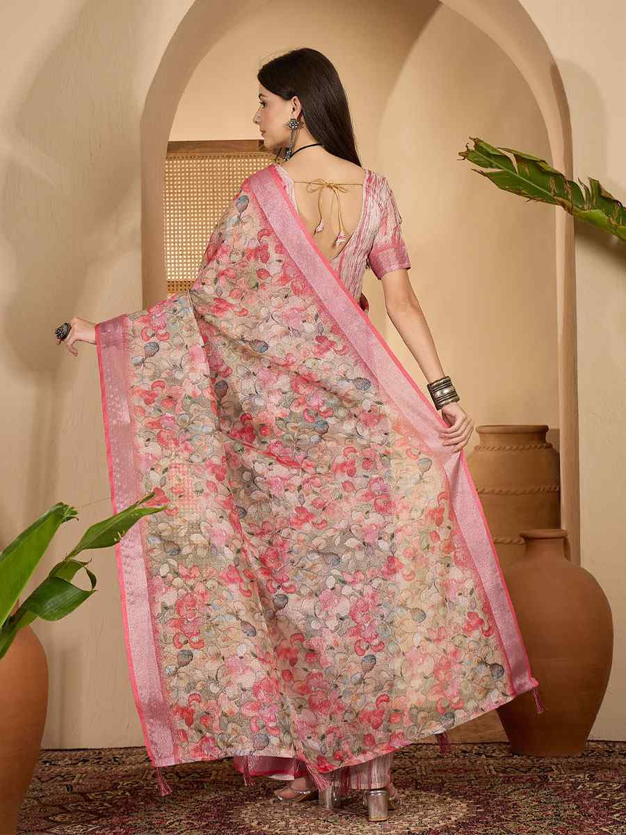 Multicolor Linen Zari Silver Printed Casual Reception Festival Wedding Fancy Classic Style Sarees