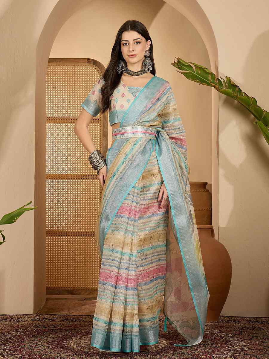 Multicolor Linen Zari Silver Printed Casual Reception Festival Wedding Fancy Classic Style Sarees