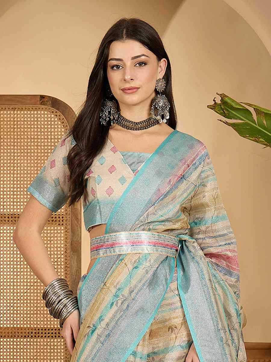 Multicolor Linen Zari Silver Printed Casual Reception Festival Wedding Fancy Classic Style Sarees