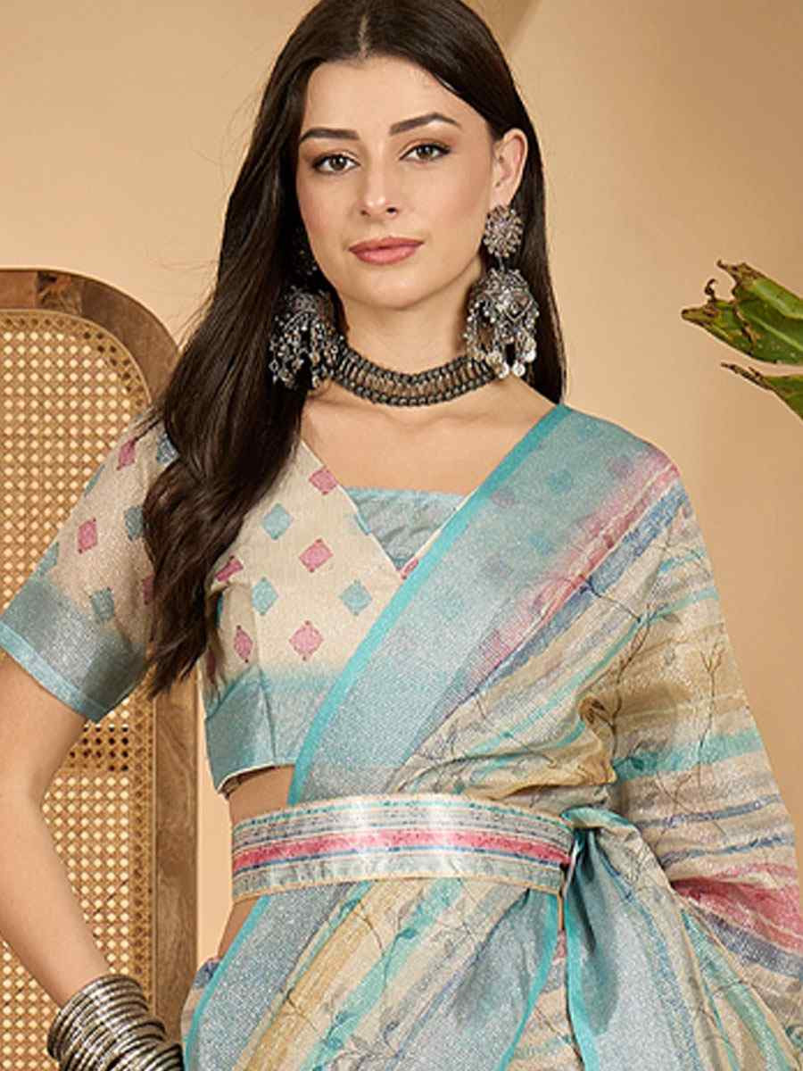 Multicolor Linen Zari Silver Printed Casual Reception Festival Wedding Fancy Classic Style Sarees