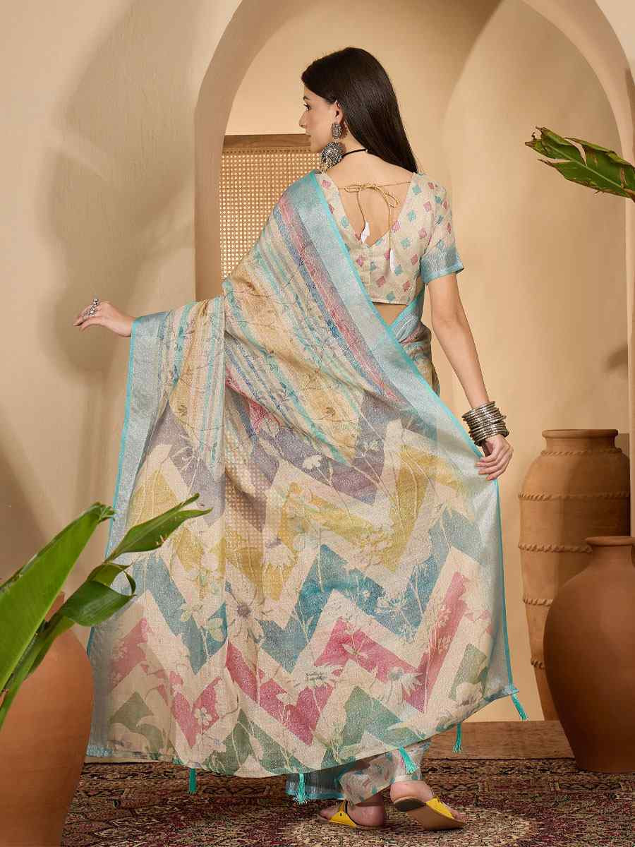 Multicolor Linen Zari Silver Printed Casual Reception Festival Wedding Fancy Classic Style Sarees