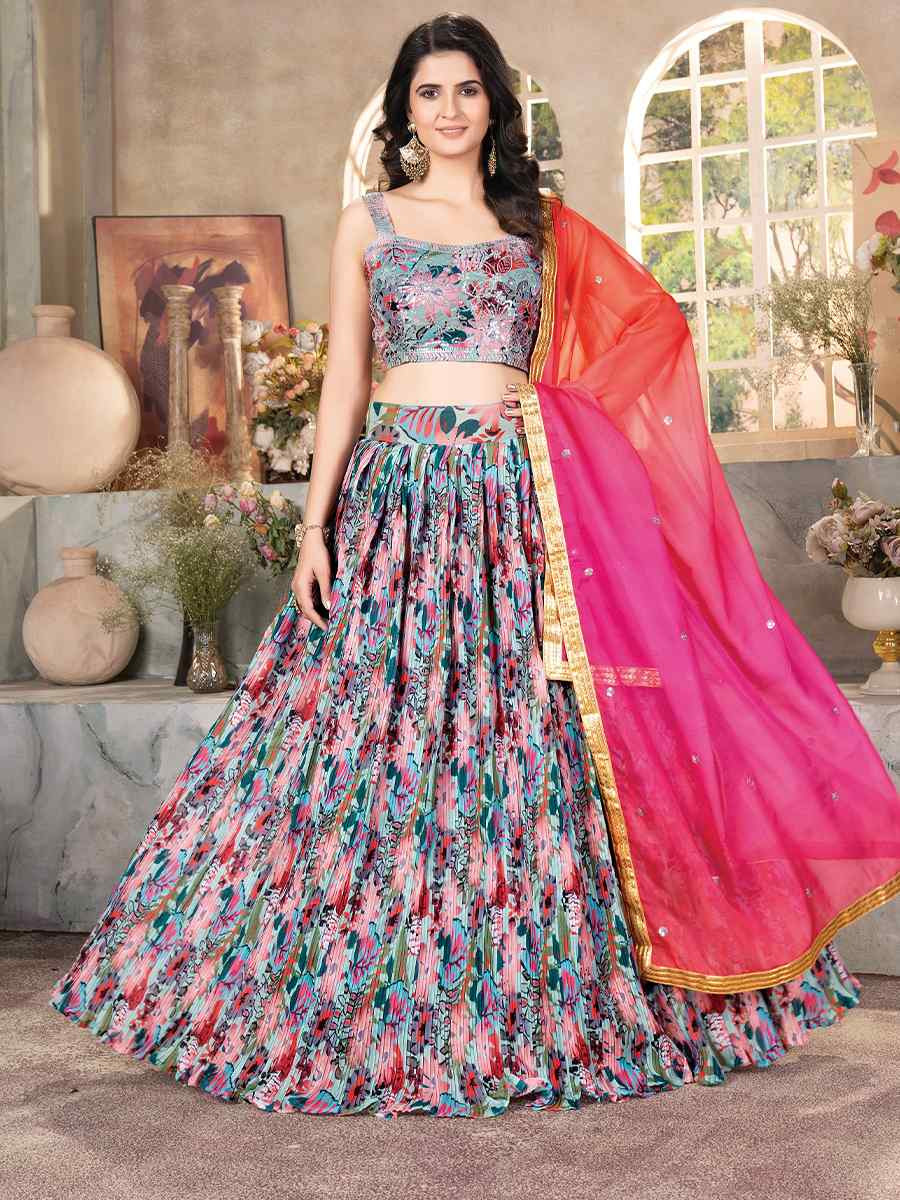 Multicolor Organza Embroidered Wedding Festival Heavy Border Lehenga Choli