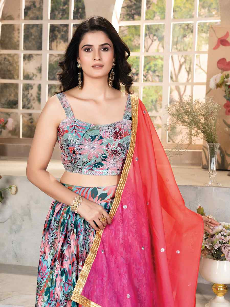 Multicolor Organza Embroidered Wedding Festival Heavy Border Lehenga Choli