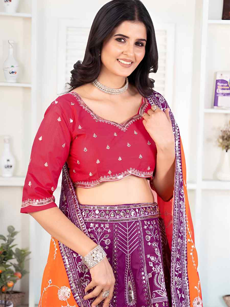 Multicolor Silk Embroidered Wedding Festival Heavy Border Lehenga Choli