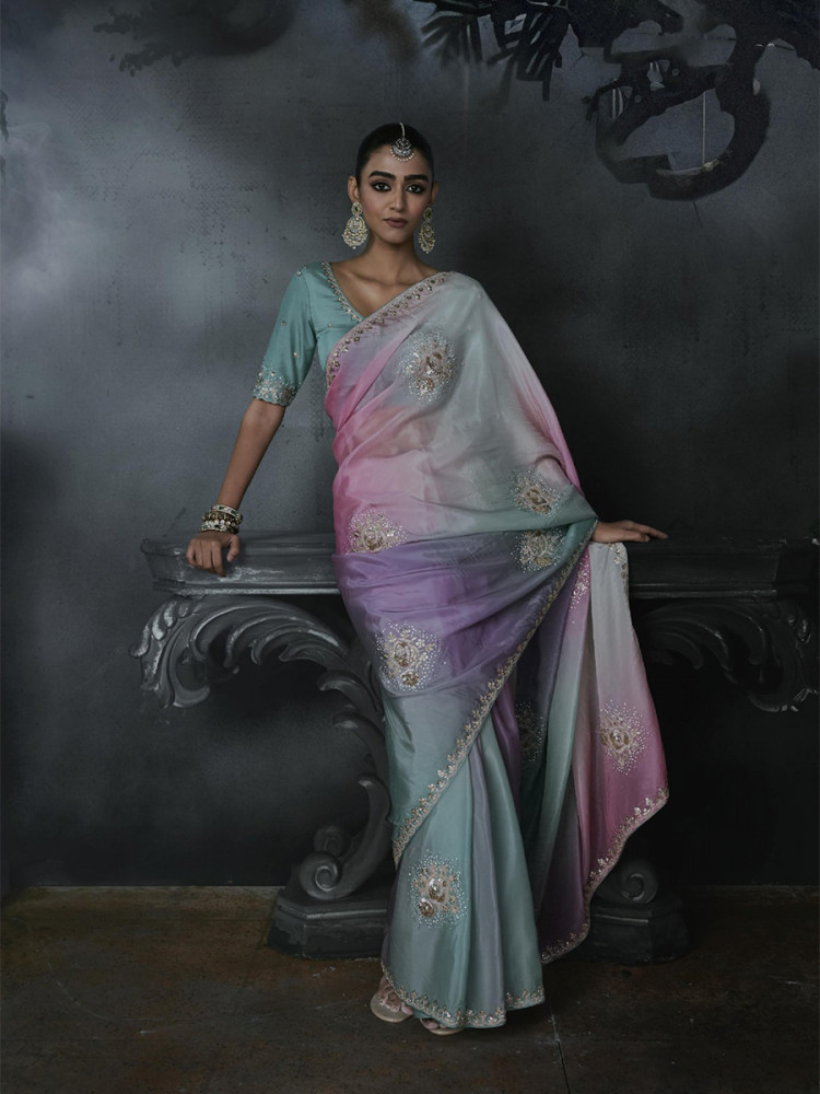 Image of Multicolor Tissue Silk Embroidery Stone Work Sequins Wedding Reception Party Festival Casual Heavy Border Sarees