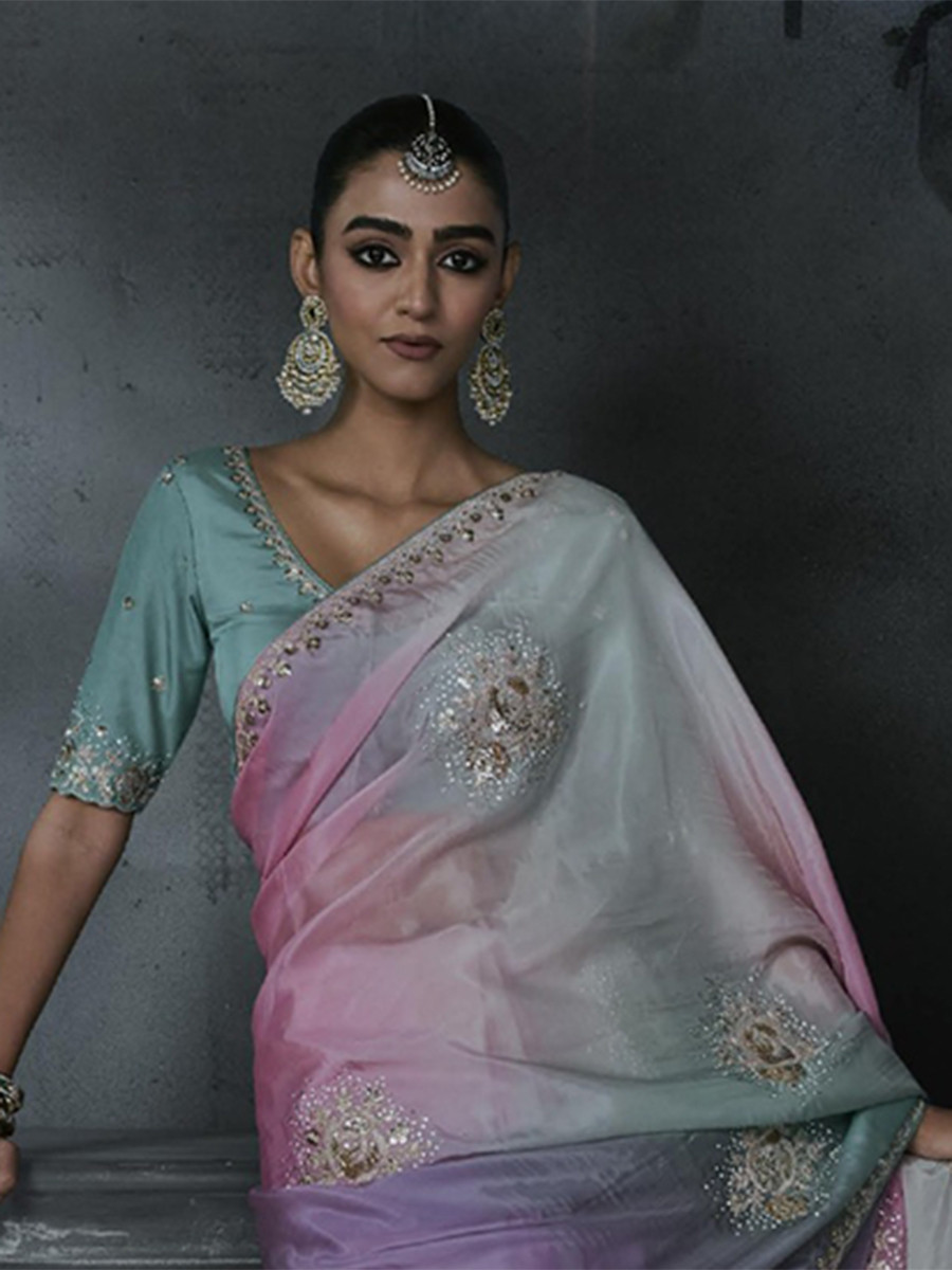 Multicolor Tissue Silk Embroidery Stone Work Sequins Wedding Reception Party Festival Casual Heavy Border Sarees