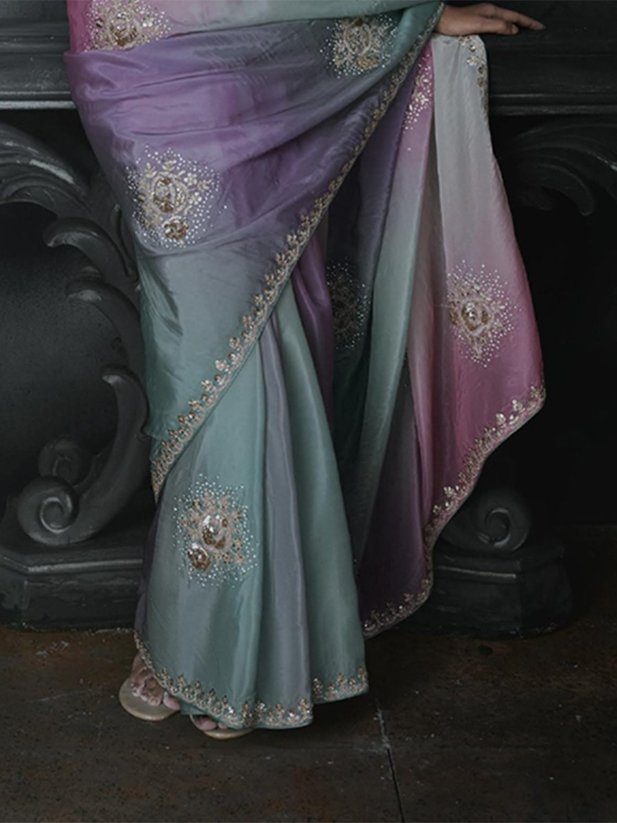 Multicolor Tissue Silk Embroidery Stone Work Sequins Wedding Reception Party Festival Casual Heavy Border Sarees