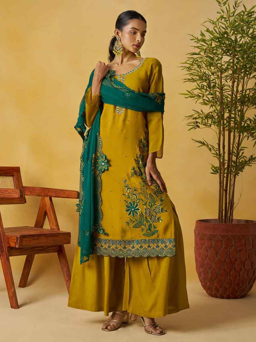 Mustard Pure Organza Embroidery Party Wedding Festival Casual Ready Palazzo Pant Salwar Kameez