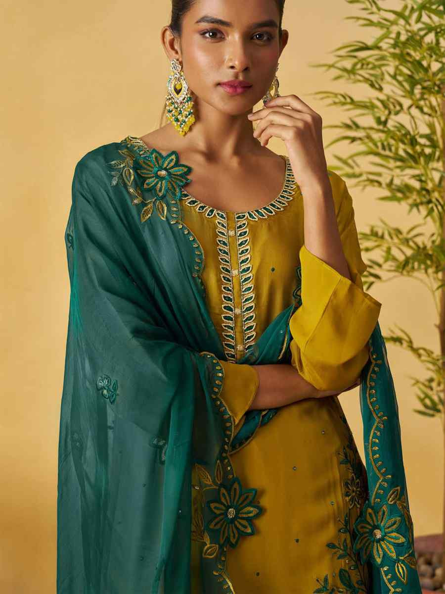 Mustard Pure Organza Embroidery Party Wedding Festival Casual Ready Palazzo Pant Salwar Kameez