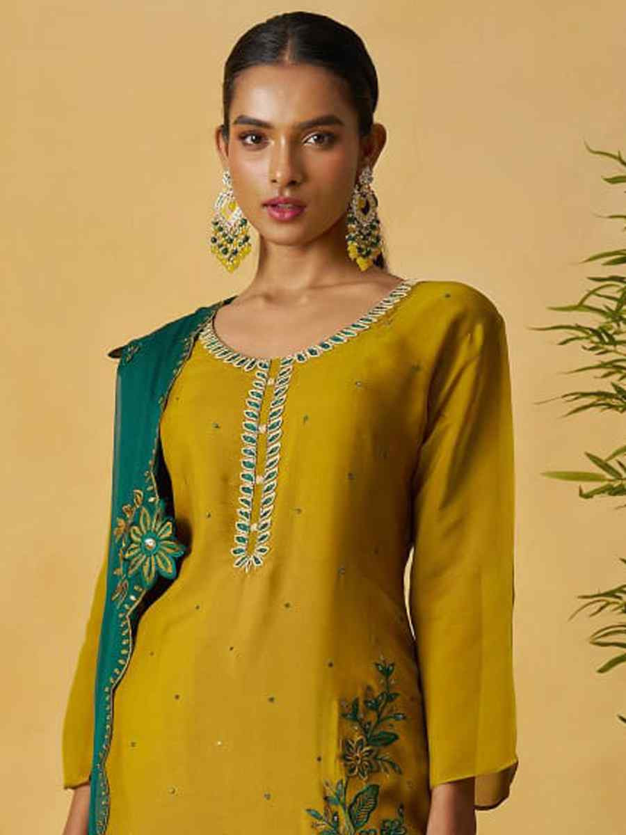 Mustard Pure Organza Embroidery Party Wedding Festival Casual Ready Palazzo Pant Salwar Kameez