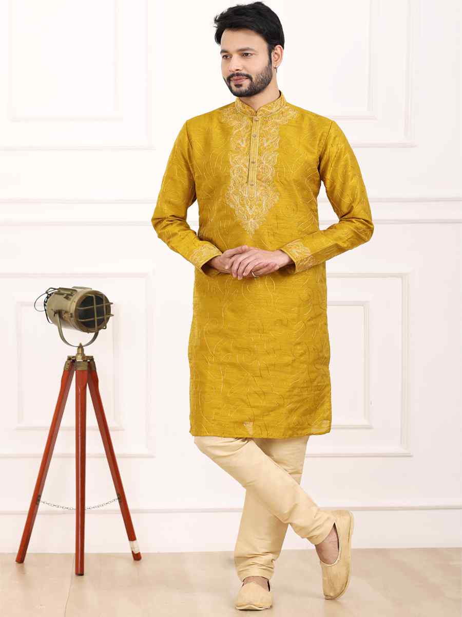 Mustard Art Banarasi Silk Woven Festival Wedding Kurta