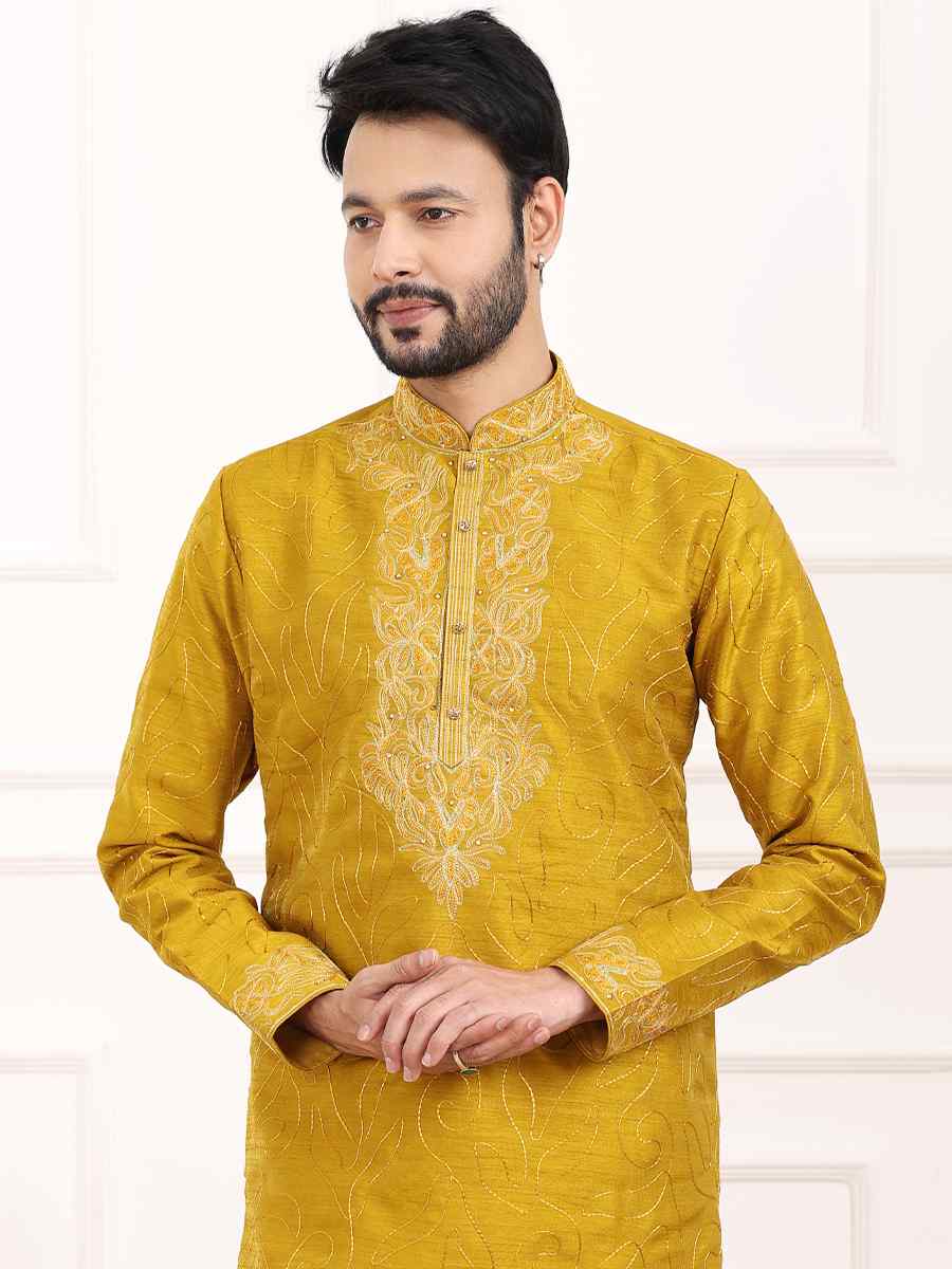 Mustard Art Banarasi Silk Woven Festival Wedding Kurta