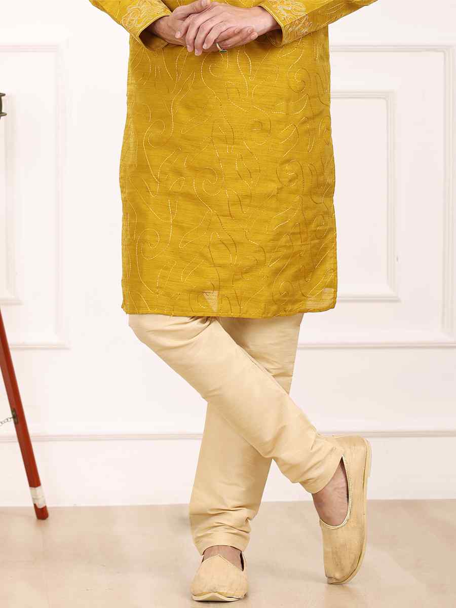 Mustard Art Banarasi Silk Woven Festival Wedding Kurta