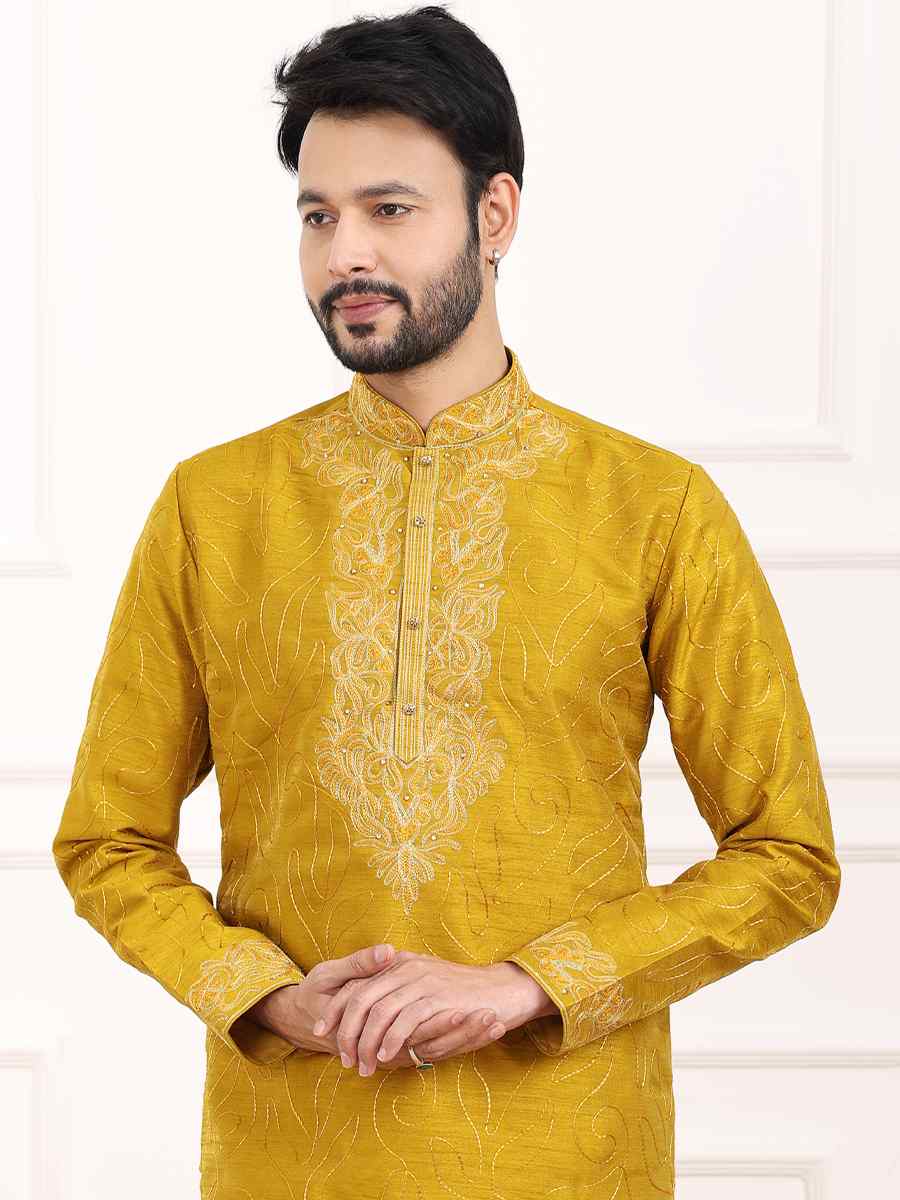Mustard Art Banarasi Silk Woven Festival Wedding Kurta