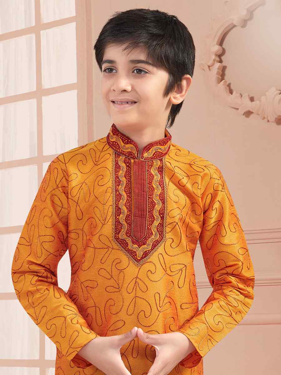 Mustard Art Silk Zardosi Festival Kurta Pyjama Boys Wear