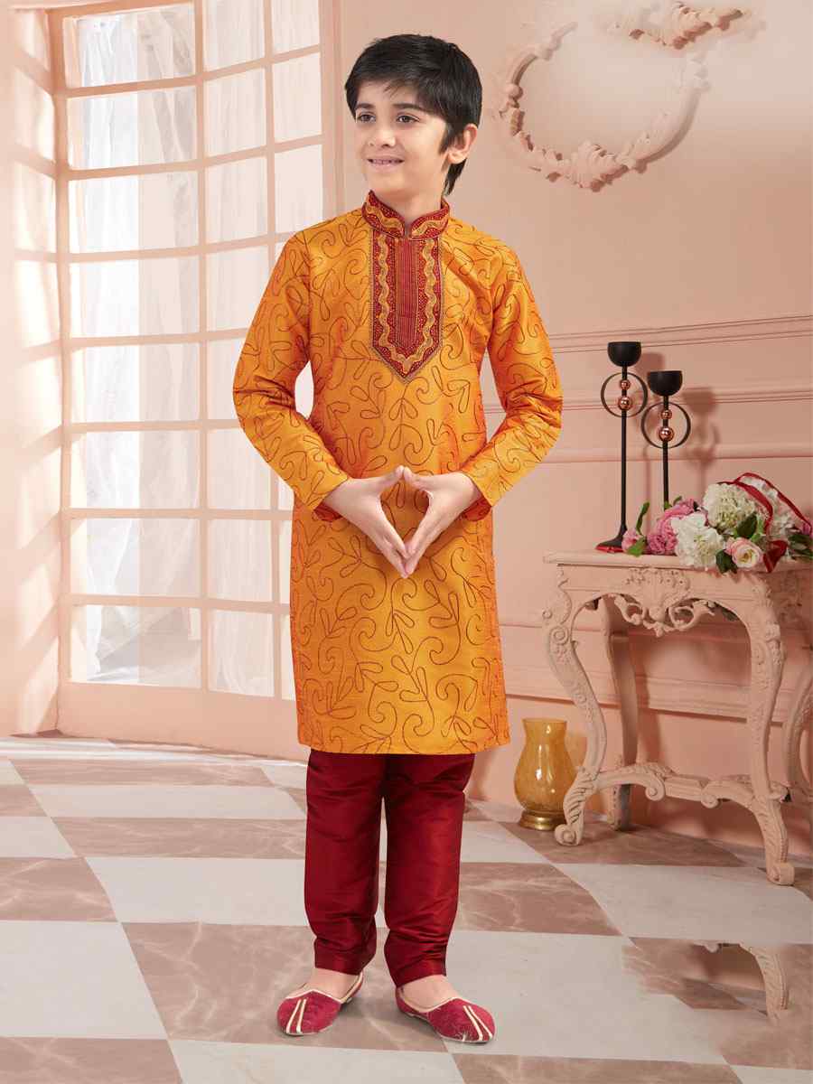 Mustard Art Silk Zardosi Festival Kurta Pyjama Boys Wear