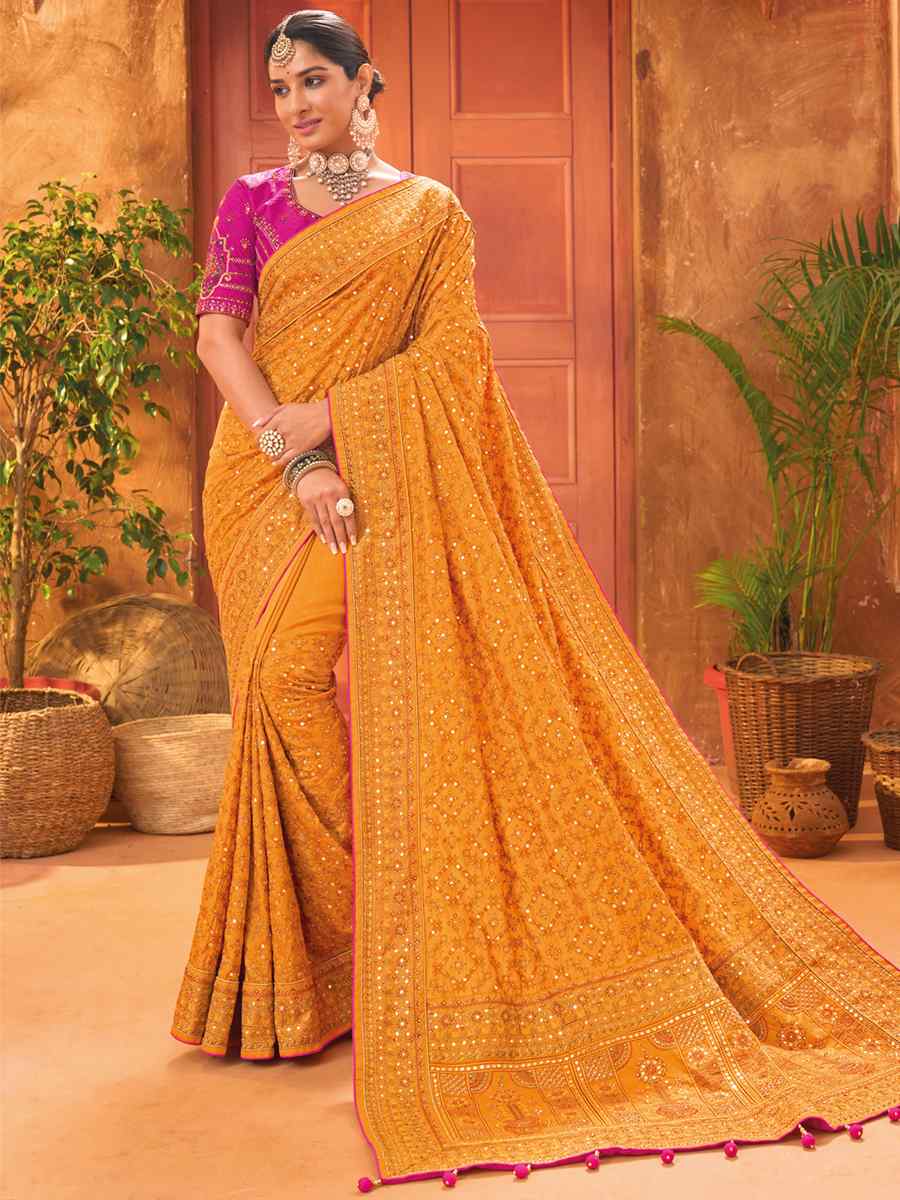 Mustard Banarasi Silk Embroidered Party Festival Heavy Border Saree