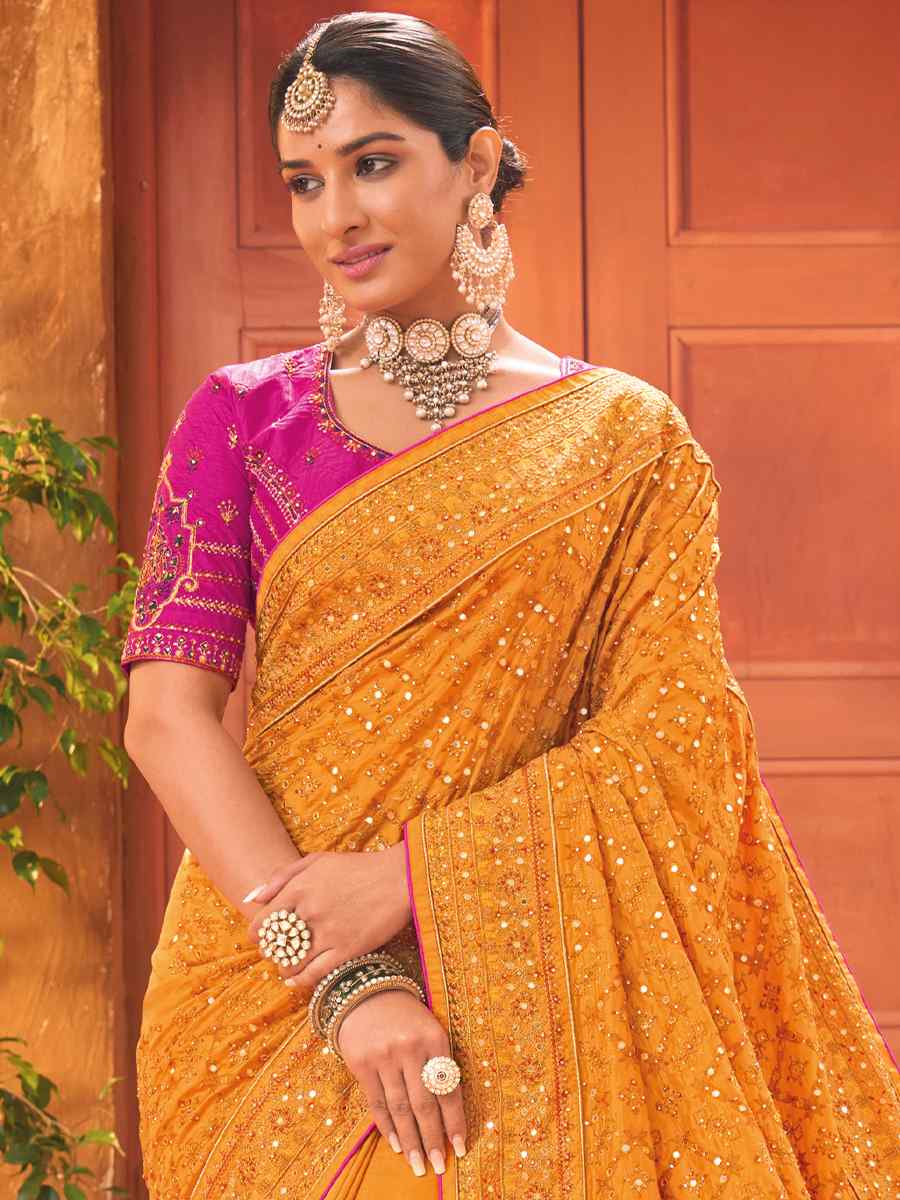 Mustard Banarasi Silk Embroidered Party Festival Heavy Border Saree