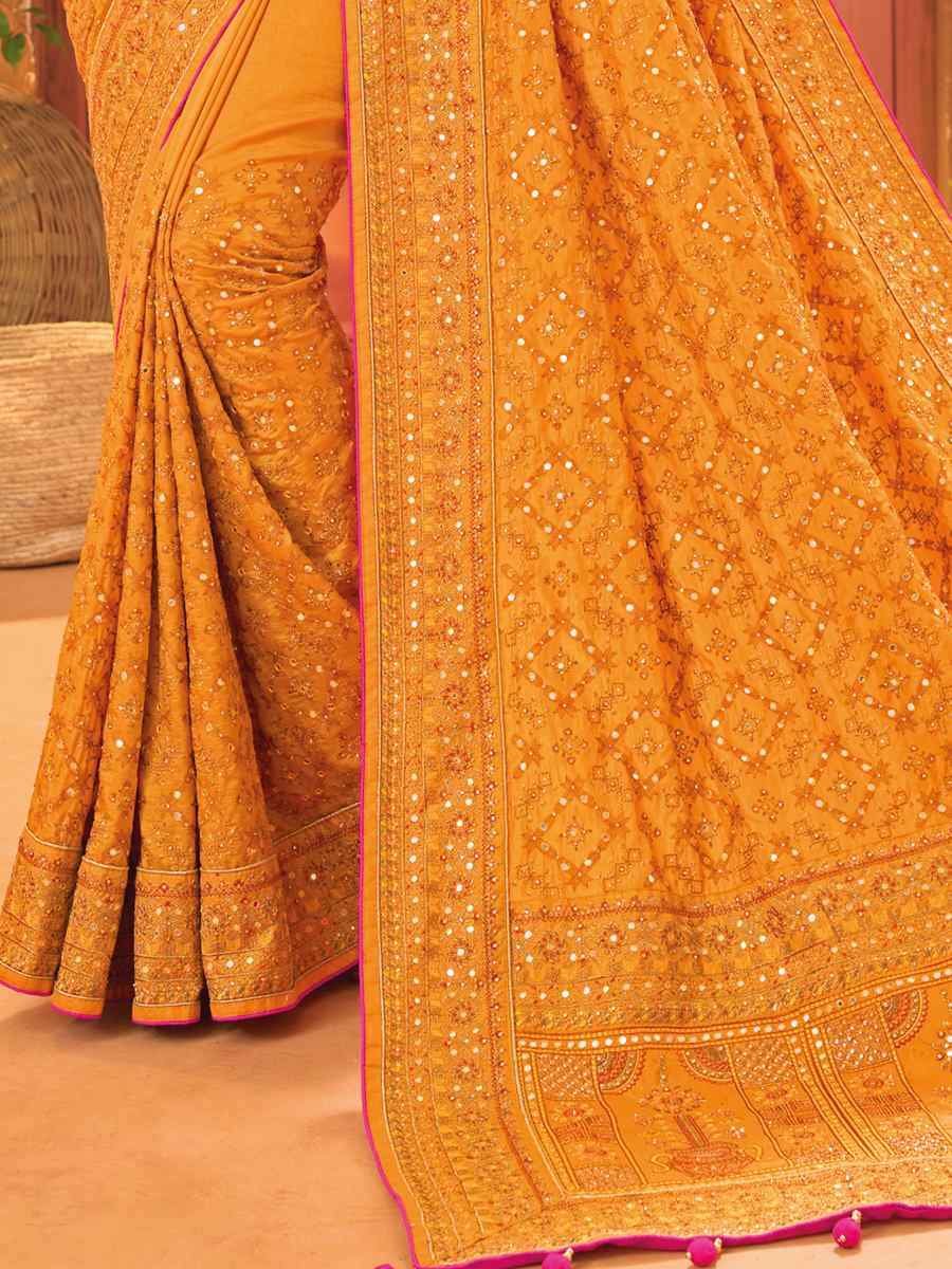 Mustard Banarasi Silk Embroidered Party Festival Heavy Border Saree