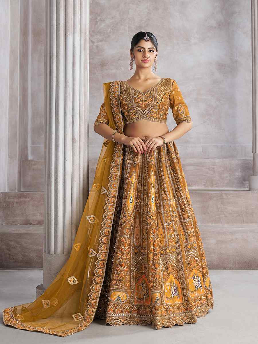 Mustard Banarasi silk Embroidered Wedding Bridesmaid Heavy Border Lehenga Choli