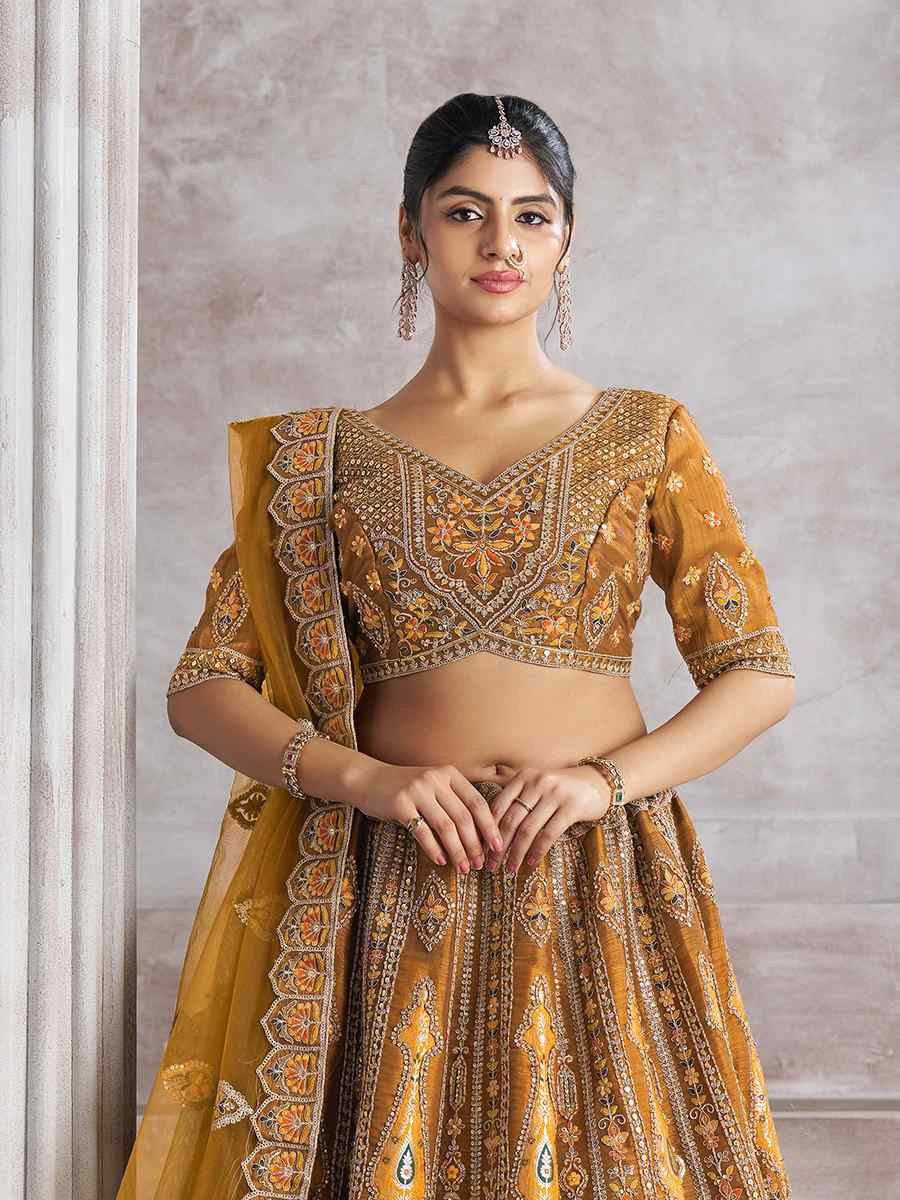 Mustard Banarasi silk Embroidered Wedding Bridesmaid Heavy Border Lehenga Choli