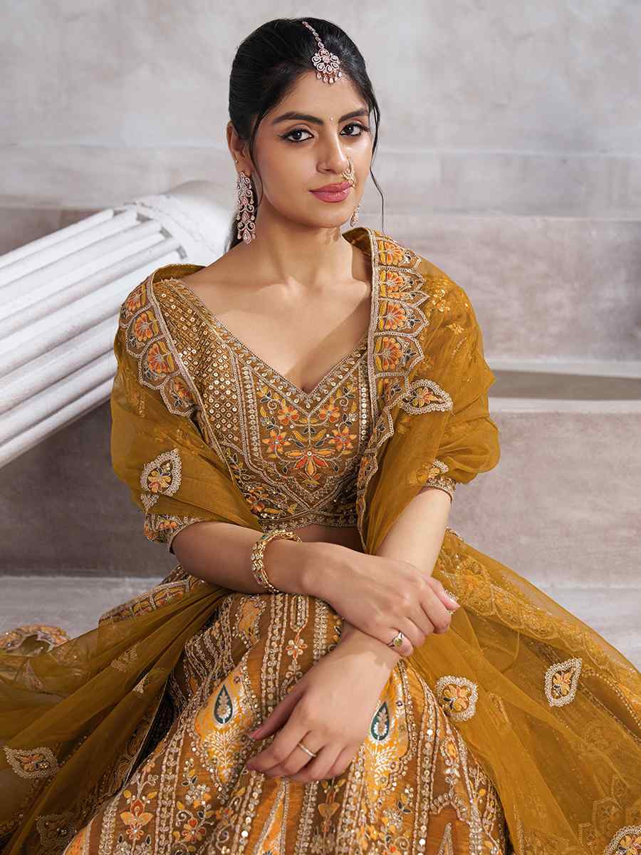 Mustard Banarasi silk Embroidered Wedding Bridesmaid Heavy Border Lehenga Choli