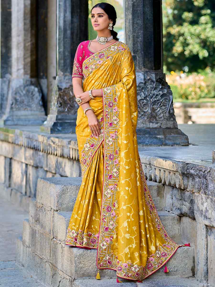 Mustard Banarasi Silk Embroidered Wedding Festival Heavy Border Saree
