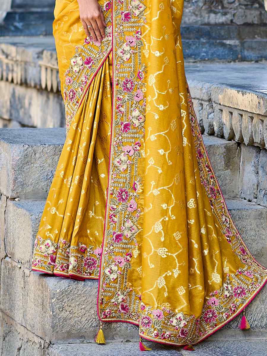 Mustard Banarasi Silk Embroidered Wedding Festival Heavy Border Saree