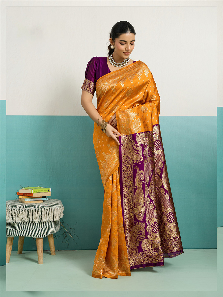 Mustard Banarasi Silk Zari Kanjivaram Handwoven Wedding Party Festival Reception Heavy Border Saree