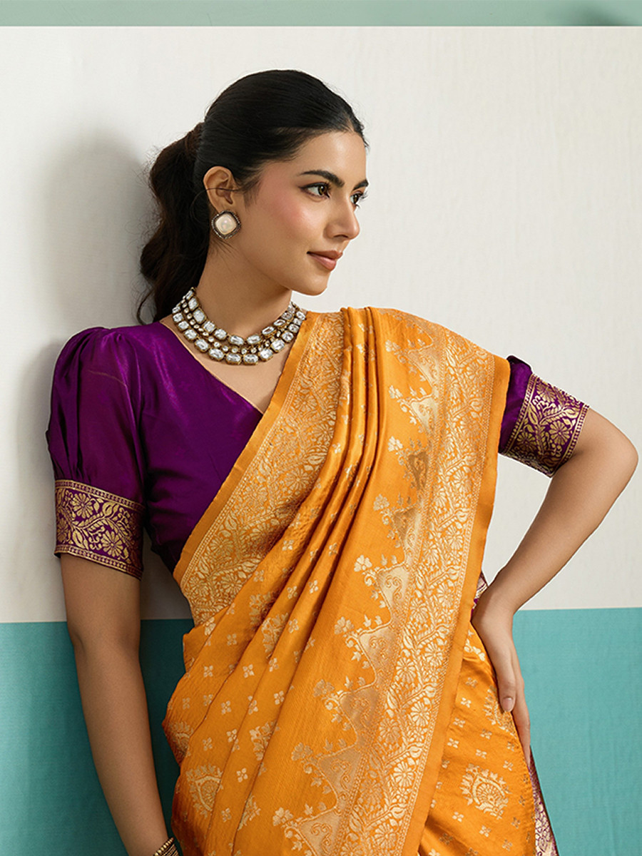 Mustard Banarasi Silk Zari Kanjivaram Handwoven Wedding Party Festival Reception Heavy Border Saree