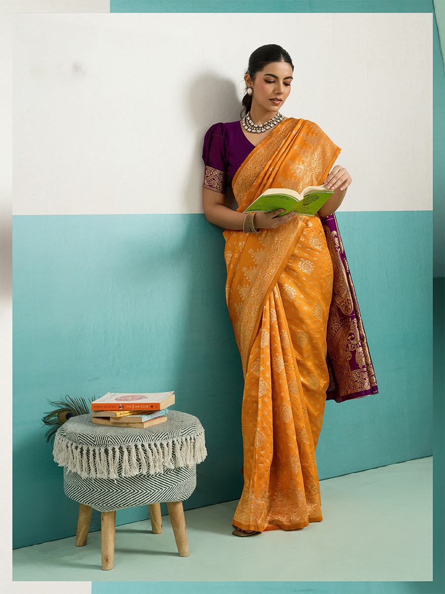 Mustard Banarasi Silk Zari Kanjivaram Handwoven Wedding Party Festival Reception Heavy Border Saree