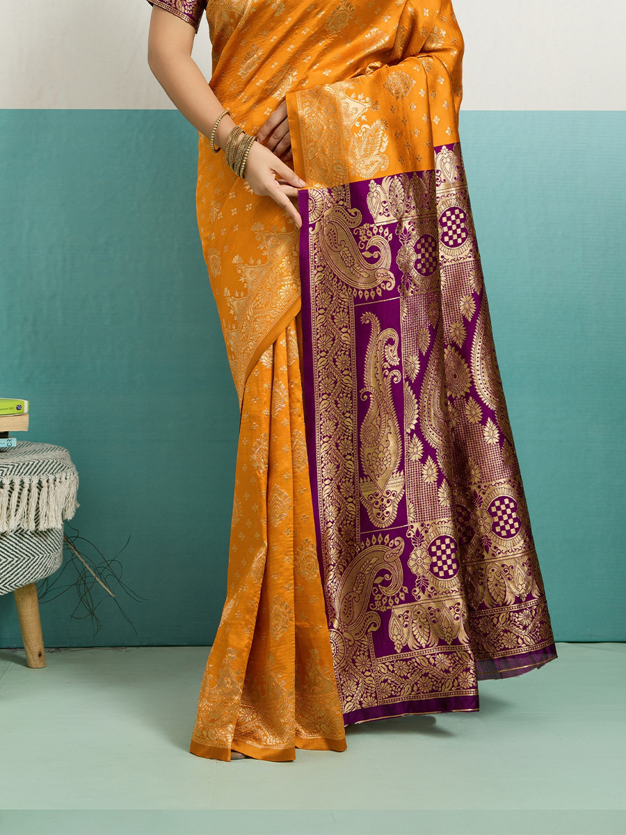 Mustard Banarasi Silk Zari Kanjivaram Handwoven Wedding Party Festival Reception Heavy Border Saree