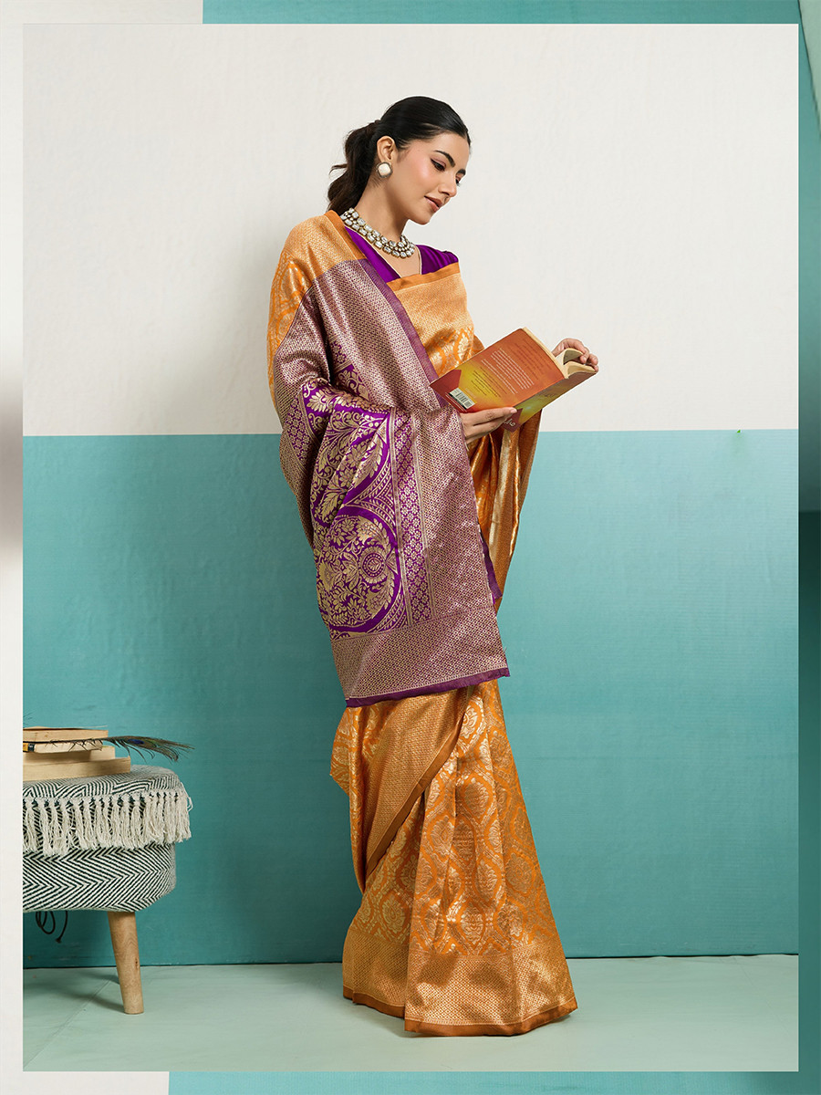Mustard Banarasi Silk Zari Kanjivaram Handwoven Wedding Party Festival Reception Heavy Border Saree