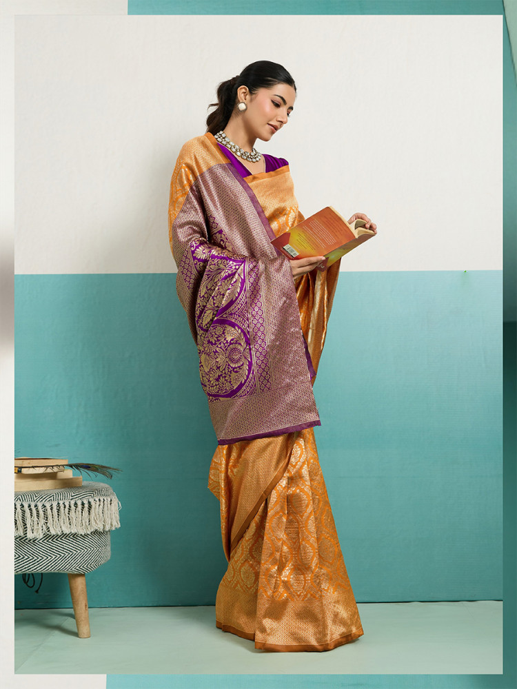 Image of Mustard Banarasi Silk Zari Kanjivaram Handwoven Wedding Party Festival Reception Heavy Border Saree