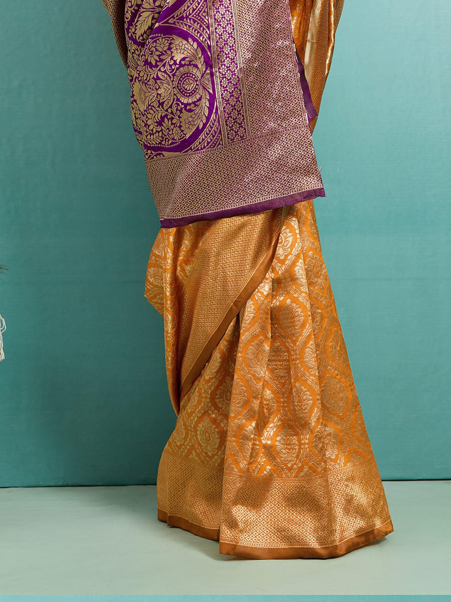 Mustard Banarasi Silk Zari Kanjivaram Handwoven Wedding Party Festival Reception Heavy Border Saree